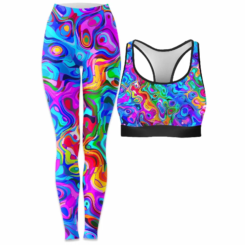 Rainbow Waves Rave Bra and Leggings Combo Elegant Satin Finish Leggings