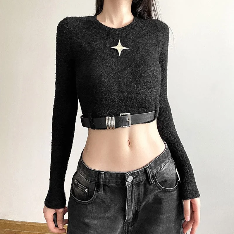 Women's Grunge Crew Neck Long Sleeved Crop Top with Belt Embroidered Appliqued Beaded