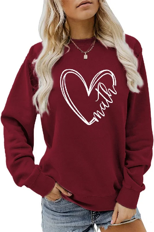 WOMEN HEART PRINTING CASUAL ROUND NECK PULLOVER Tapered Sleeve Pullover