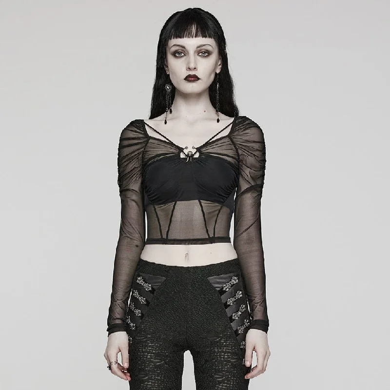 Women's Gothic Sheer Lace-Up Mesh Long Sleeved Crop Top Real Fur Shearling Chenille
