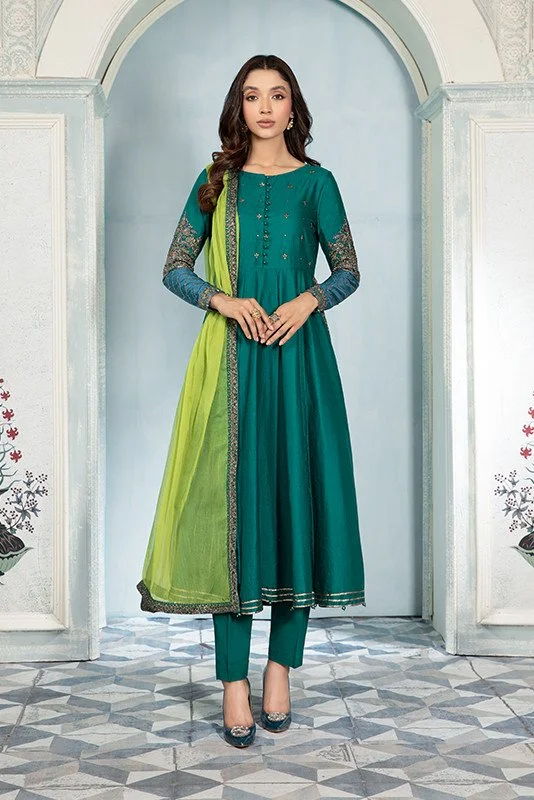 Green Dress Pakistani in Classic Frock Trouser Style Trousers Satin Smooth