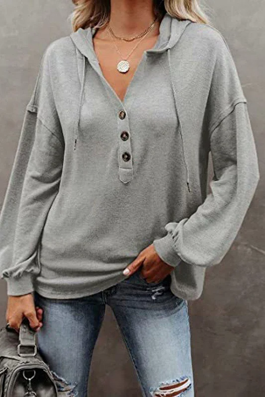 WOMEN BUTTON NECK OVERSIZED HOODIE PULLOVER Leg Sleeve Comfort