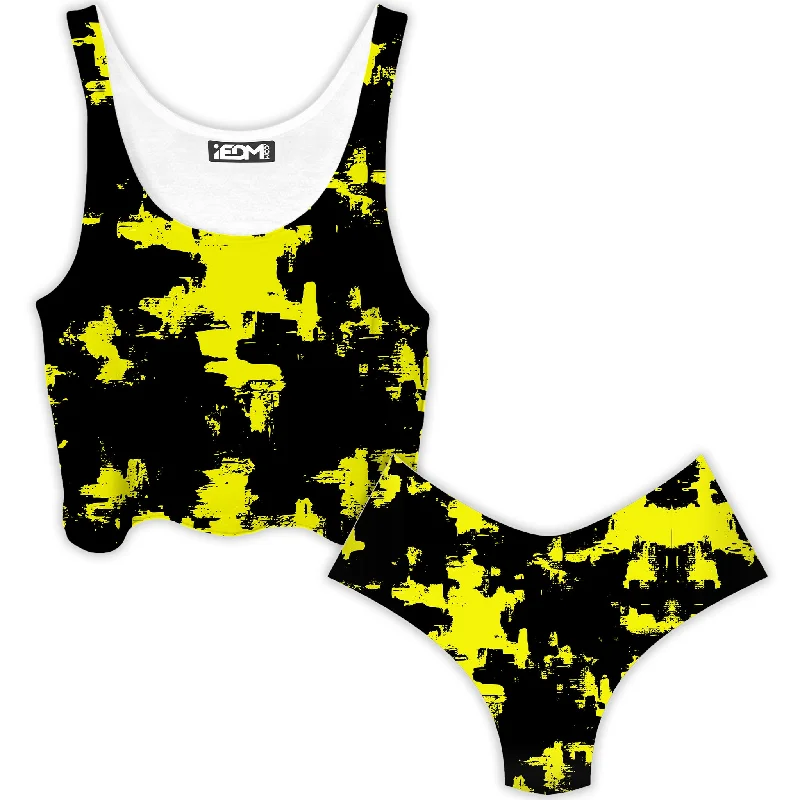 Black and Yellow Abstract Crop Top and Booty Shorts Combo Elasticated Padded Insulated