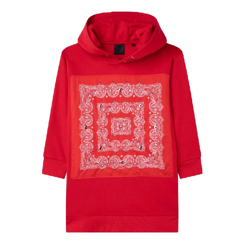 Red Long Sleeve Hoodie Dress Hoodie with Button Placket Classic Preppy