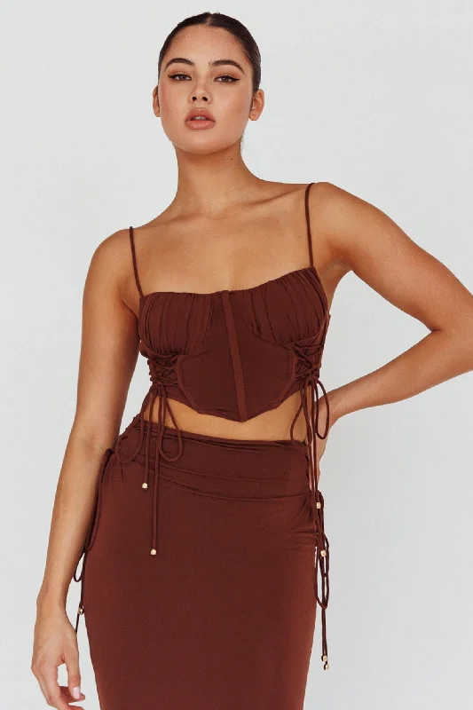 Graziella Corset Crop Top Chocolate Zippered Front Buttoned Front Snap Front