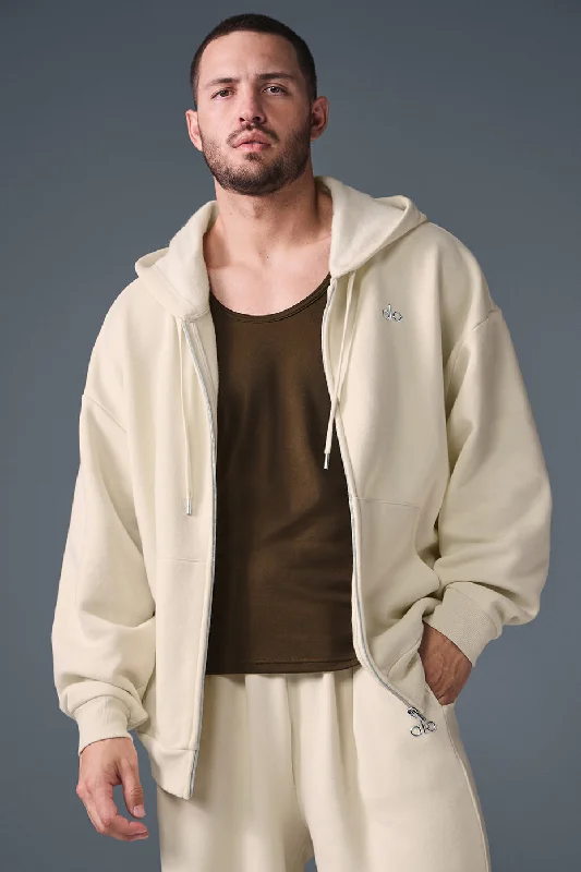 Accolade Full Zip Hoodie - Oat Milk Hoodie with Drop Shoulder Relaxed Streetwear