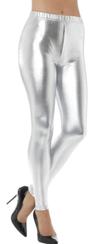 80s Silver Metallic Disco Leggings Fashionable Lacy Detail Leggings