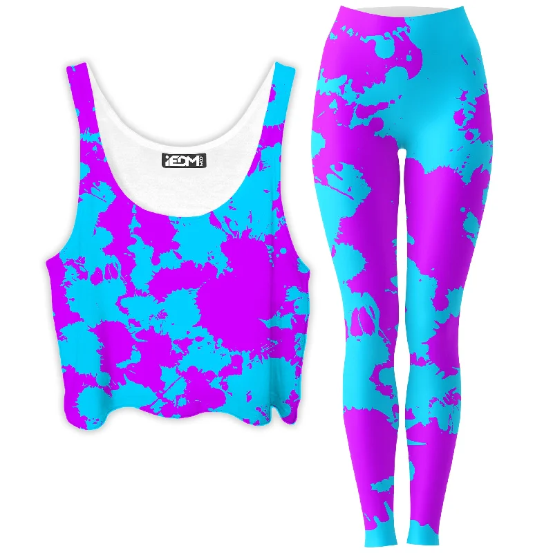 Blue and Purple Paint Splatter Crop Top and Leggings Combo Mesh Blend Leather Blend Suede Blend