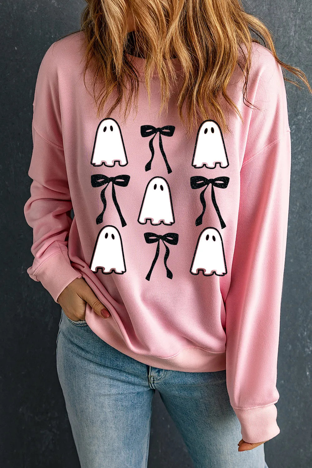 Hazel Blues® | Ghost & Bow Round Neck Long Sleeve Sweatshirt Hoodie with High-Low Hem Asymmetrical Trendy Hazel Blues® | Ghost & Bow Round Neck Long Sleeve Sweatshirt Hoodie with High-Low Hem Asymmetrical Trendy