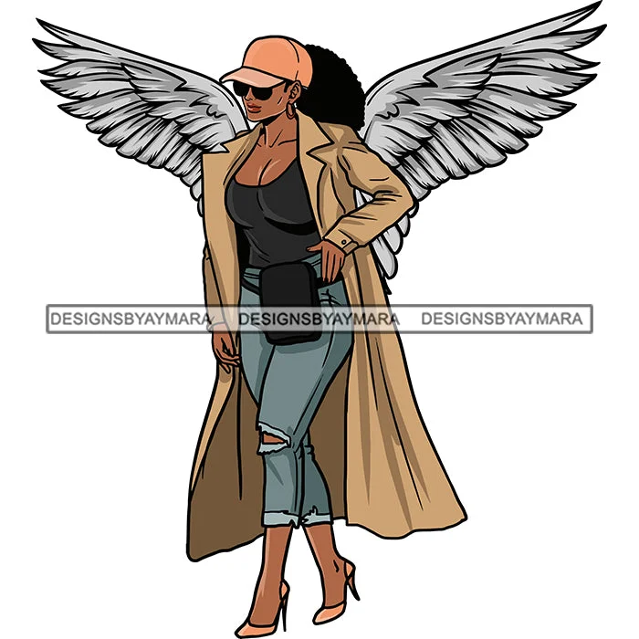 Black Goddess Angel Wings Sunglasses Baseball Cap High Heels Long Coat Fashionable SVG JPG PNG Vector Clipart Cricut Silhouette Cut Cutting Print Jacquard Embroidered
