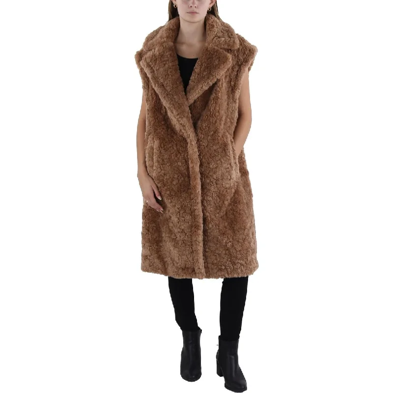 BCBGMAXAZRIA Womens Notch Collar Midi Faux Fur Coat Tie-Waist Belted Drawstring