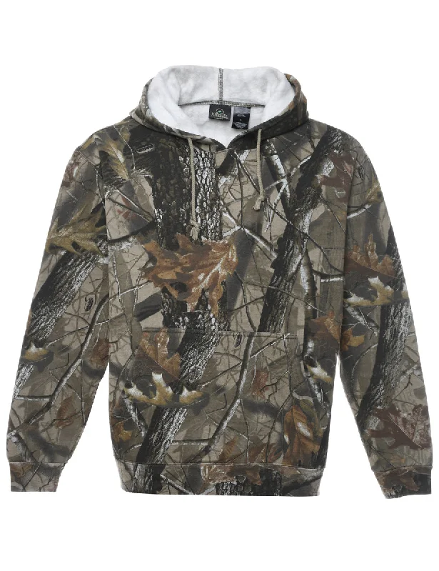 Camouflage Design Green Hoodie - L Hoodie with Hem Raw Edge Edgy Unfinished