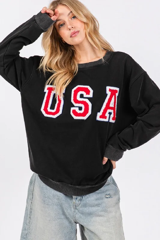 Hazel Blues® | SAGE + FIG USA Letter Patch Round Neck Sweatshirt Hoodie with Rhinestones Sparkly Elegant Hazel Blues® | SAGE + FIG USA Letter Patch Round Neck Sweatshirt Hoodie with Rhinestones Sparkly Elegant