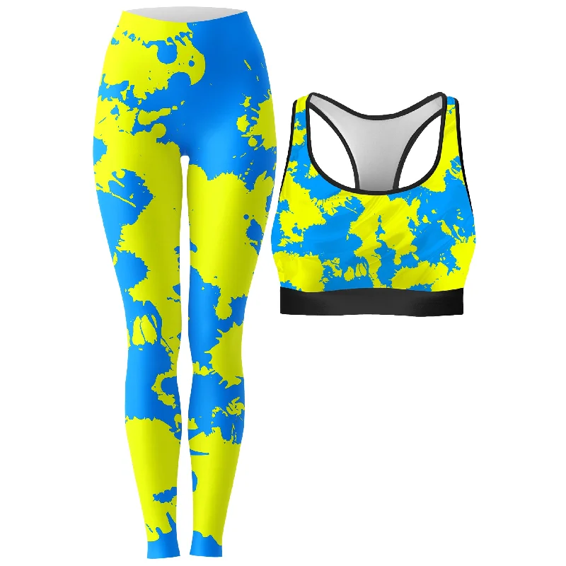 Yellow and Blue Paint Splatter Rave Bra and Leggings Combo Stylish High-Waisted Leggings Yellow and Blue Paint Splatter Rave Bra and Leggings Combo Stylish High-Waisted Leggings