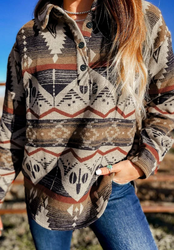 Hazel Blues® | Geometric Half Button Long Sleeve Sweatshirt Hoodie with Side Slits Relaxed Casual Hazel Blues® | Geometric Half Button Long Sleeve Sweatshirt Hoodie with Side Slits Relaxed Casual