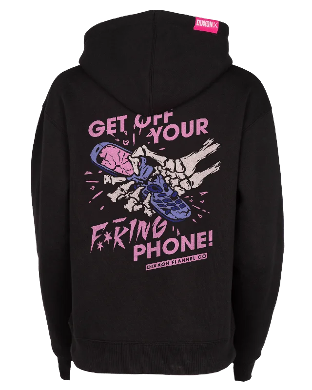 Women's Get Off Your Phone Pullover Hoodie - Black Long Sleeve Pullover