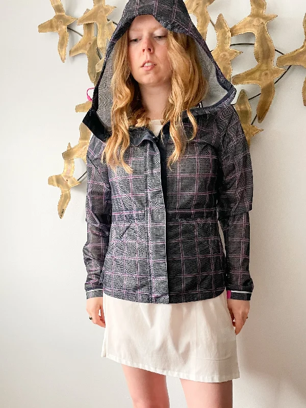 Sketchers Black And Purple Striped Hooded Rain Coat - Small Embroidered Appliqued Beaded