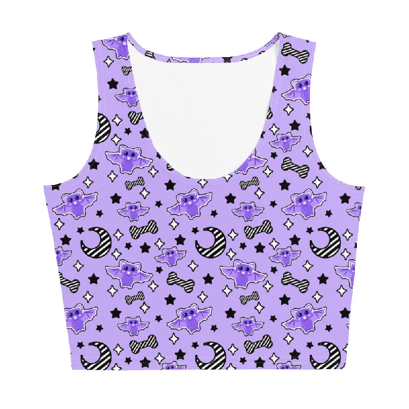 Magical Kawaii Spooky Bats Purple Crop Top Welt Pockets Slit Pockets Flap Pockets