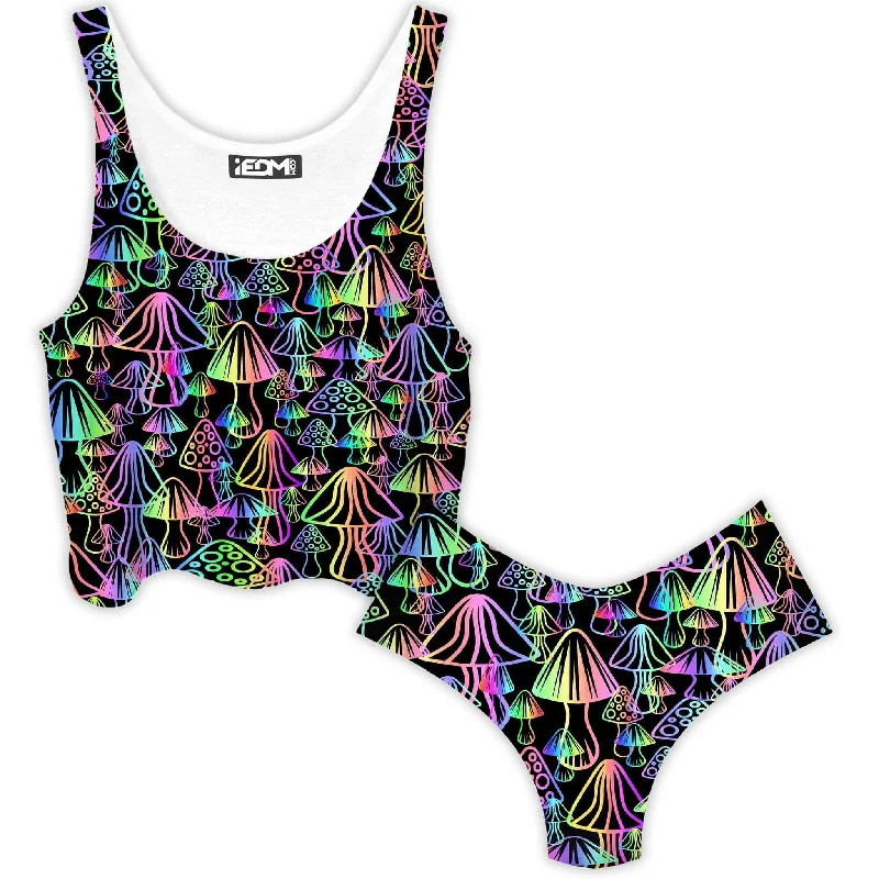Magic Mushrooms Crop Top and Booty Shorts Combo Asymmetrical Pockets Print