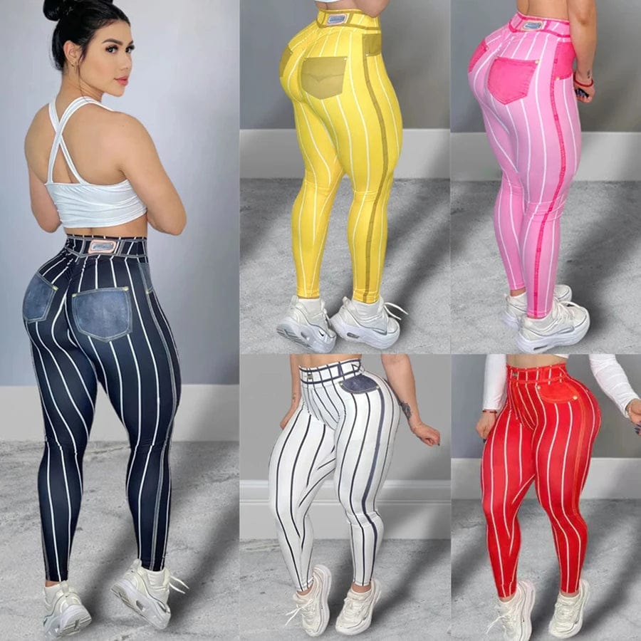 Women High Waist Sports Leggings Stripe Print Stretchable Yoga Pants Sexy Tight Fitness Workout  Gym Push Up Causal Pant Comfortable Athletic Tights