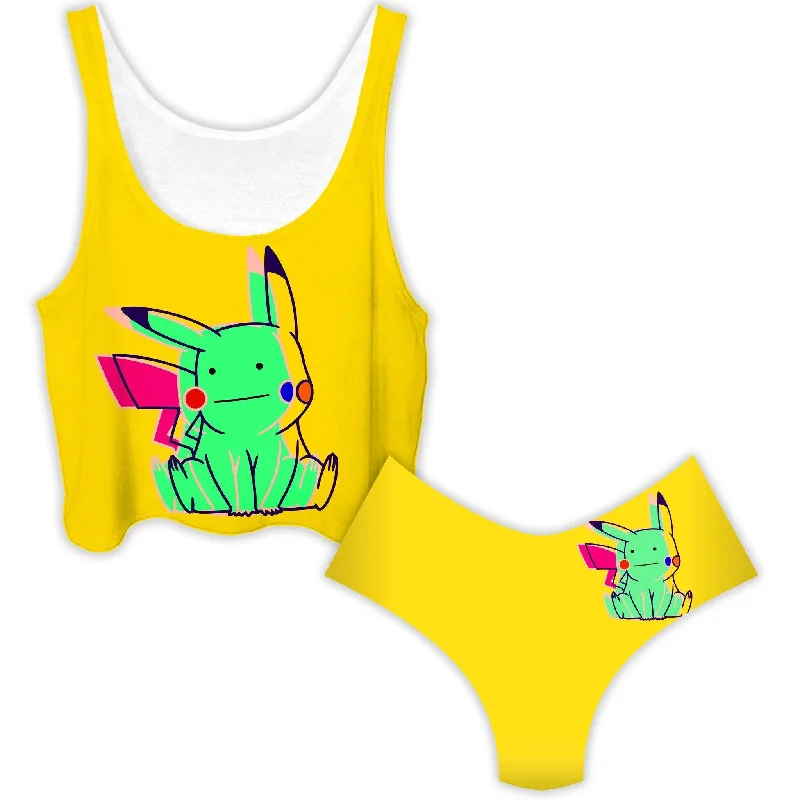 Ditto Pikachu Crop Top and Booty Shorts Combo Spandex Blend Rayon Blend Denim Blend