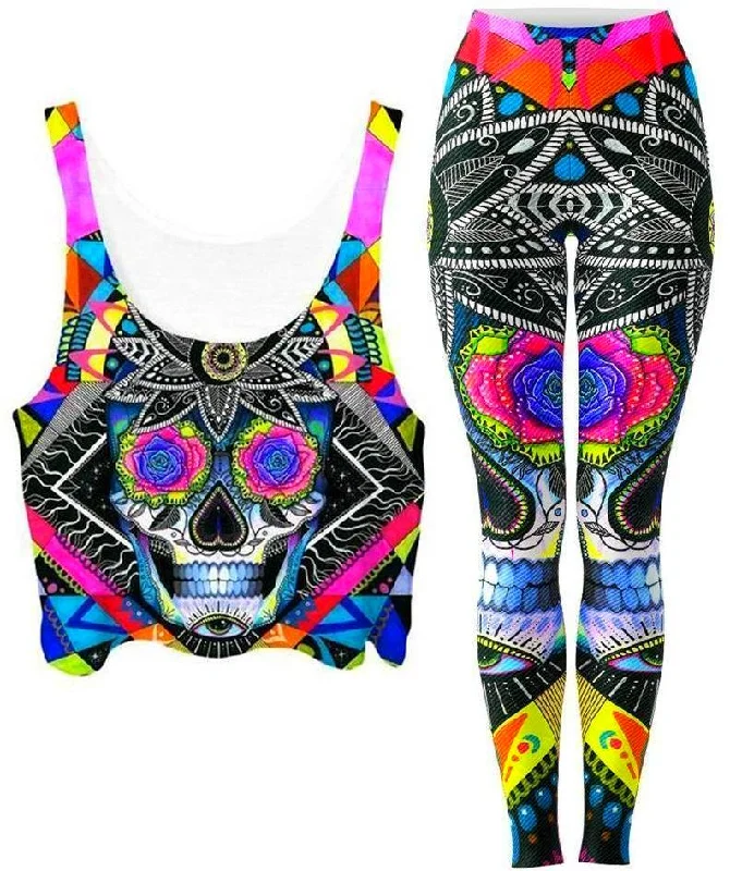 Suger Skull Crop Top and Leggings Combo Houndstooth Herringbone Solid