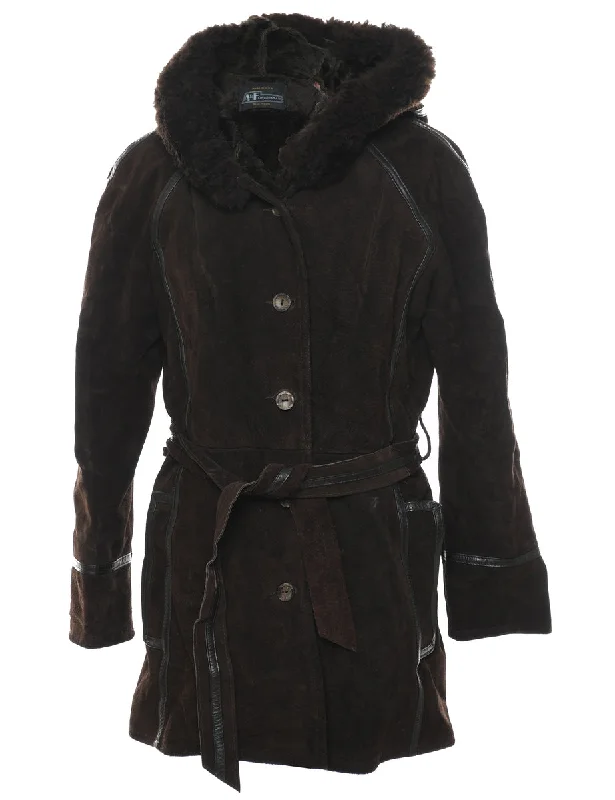 Dark Brown Faux Fur Lined Suede Coat - S Lapel Coat Peter Pan Collar Coat Cowl Neck Coat