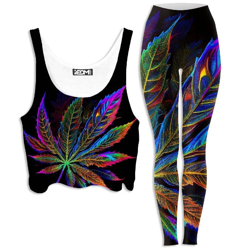 Blacklight Weed Crop Top and Leggings Combo Denim Fabric Leather Fabric Suede Fabric Blacklight Weed Crop Top and Leggings Combo Denim Fabric Leather Fabric Suede Fabric