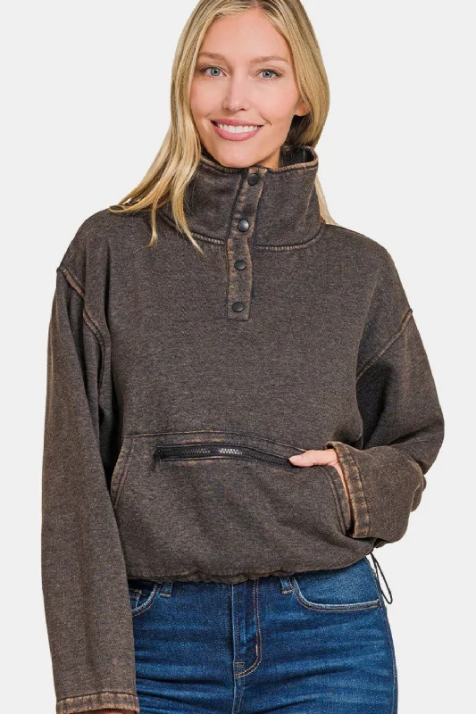 Hazel Blues® | Zenana Acid Wash Fleece Half Snap Sweatshirt with Pocket Hoodie Jacket Zipper Layering Hazel Blues® | Zenana Acid Wash Fleece Half Snap Sweatshirt with Pocket Hoodie Jacket Zipper Layering