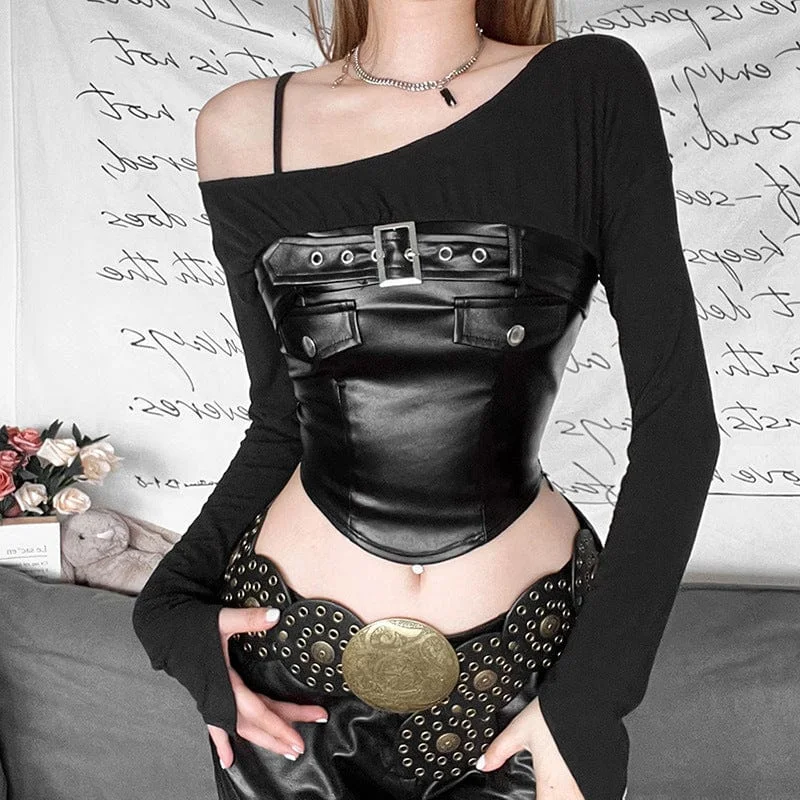 Women's Punk Slash Shoulder Faux Leather Splice Crop Top Terry Blend Velvet Blend Canvas Blend
