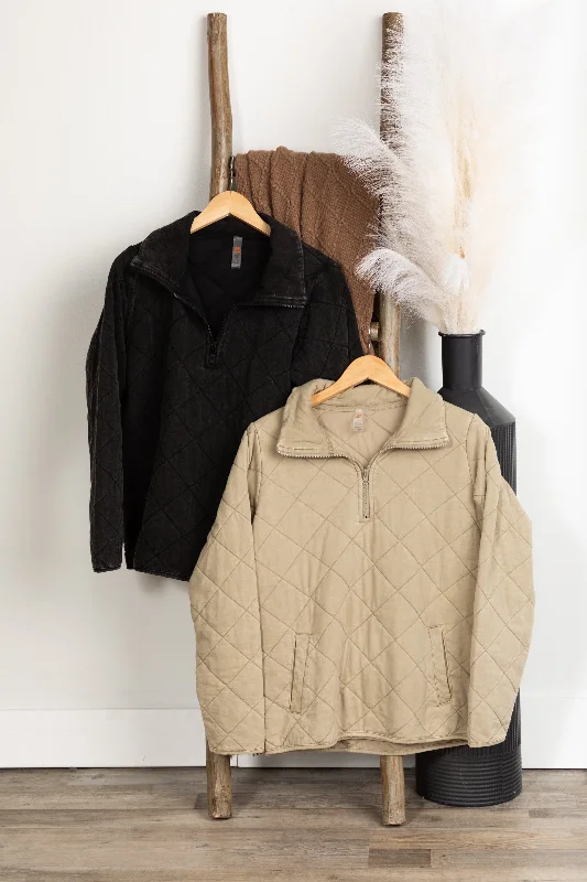 Quilted Mineral Washed Half-Zip Pullover Elbow Length Sleeve