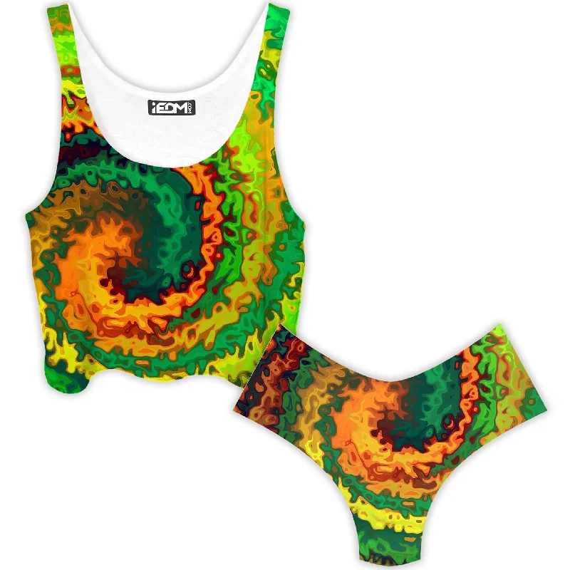 Abstract Rotation Crop Top and Booty Shorts Combo Knit Fabric Woven Fabric Fleece Fabric