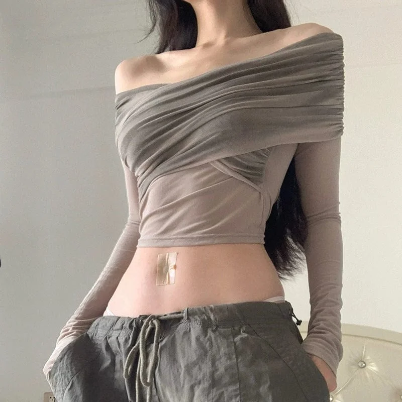 Women's Grunge Off Shoulder Sheer Long Sleeved Crop Top Elasticated Padded Insulated Women's Grunge Off Shoulder Sheer Long Sleeved Crop Top Elasticated Padded Insulated
