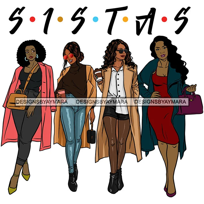Sassy Sista's Sisters Stepping Out In Coats SVG JPG PNG Vector Clipart Cricut Silhouette Cut Cutting1 Lapel Coat Peter Pan Collar Coat Cowl Neck Coat
