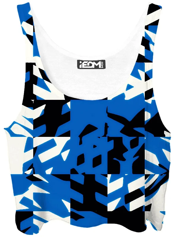 Blue Digital Crop Top Hooded Caped Shawl Collar