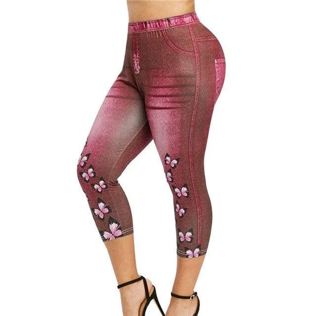 Women Mid-Calf Leggings Imitate Jeans Printed Stretch Trendy Colorblock Print Leggings