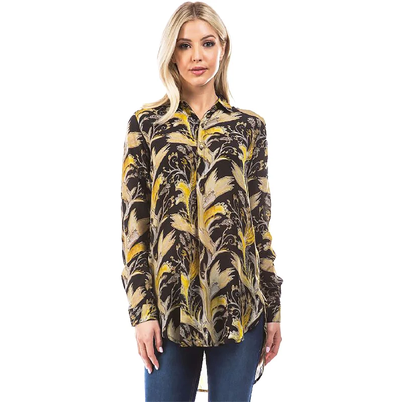 Women's APNY Half Button-Up Pullover Tunic Yellow and Black Print Slit Sleeve Stylish