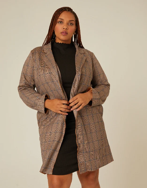 Plus Size Plaid Long Coat Hooded Jacket Zipper Jacket Button Jacket