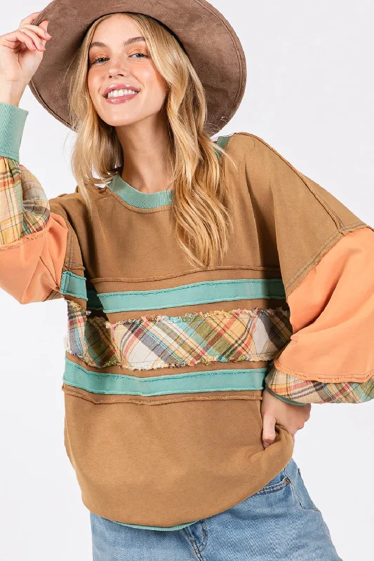 Hazel Blues® | SAGE + FIG Mineral Wash Raw Edge Color Block Sweatshirt Hoodie with Back Slit Movement Comfort Hazel Blues® | SAGE + FIG Mineral Wash Raw Edge Color Block Sweatshirt Hoodie with Back Slit Movement Comfort