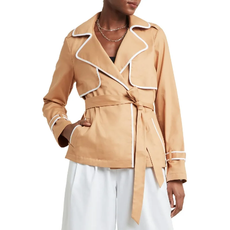 H Halston Womens Piping Cotton Trench Coat Vent Hem Cuff