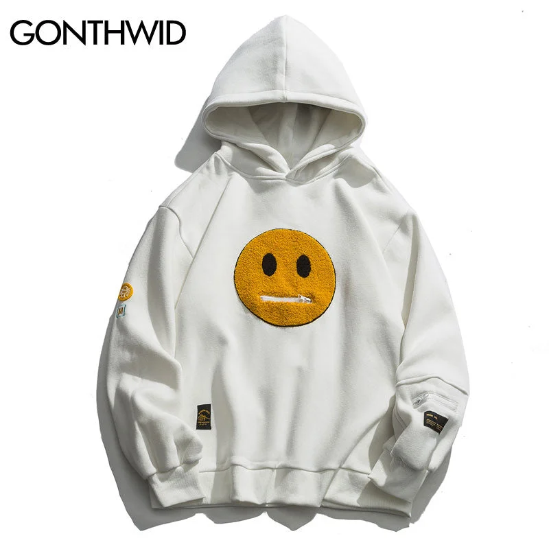 GONTHWID Hoodies Streetwear Hip Hop Zipper Pocket Smile Face Patchwork Hooded Sweatshirts Harajuku Casual Pullover Tops Hoodie with Lining Warm Insulated GONTHWID Hoodies Streetwear Hip Hop Zipper Pocket Smile Face Patchwork Hooded Sweatshirts Harajuku Casual Pullover Tops Hoodie with Lining Warm Insulated
