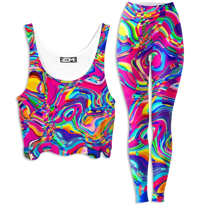 Psych Dip Crop Top and Leggings Combo Asymmetrical Pockets Print