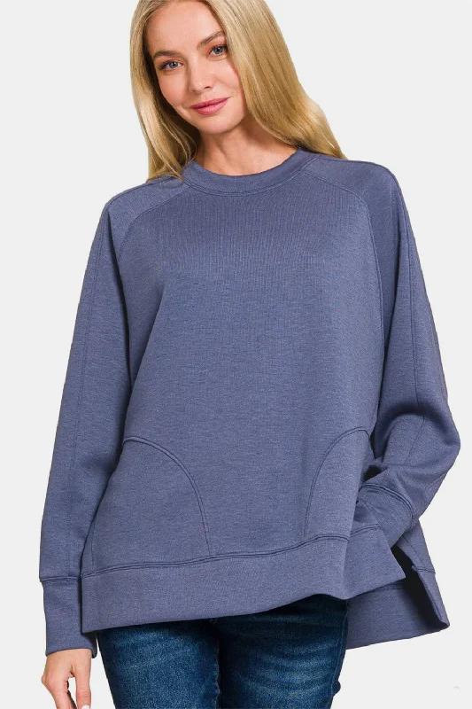 Hazel Blues® | Zenana Scuba Round Neck Side Slit Sweatshirt Hoodie with Belted Waist Structured Tailored Hazel Blues® | Zenana Scuba Round Neck Side Slit Sweatshirt Hoodie with Belted Waist Structured Tailored