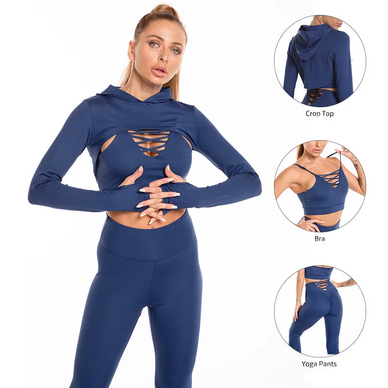 3pcs Sports Suits Long Sleeve Hooded Top Hollow Design Camisole And Butt Lifting High Waist Seamless Fitness Leggings Sports Gym Outfits Clothing Chic Smooth Fit Leggings