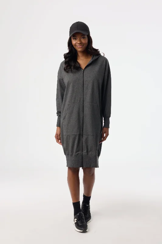 Grey Zipper Sweatshirt Dress Hoodie with Cropped Fit Short Trendy