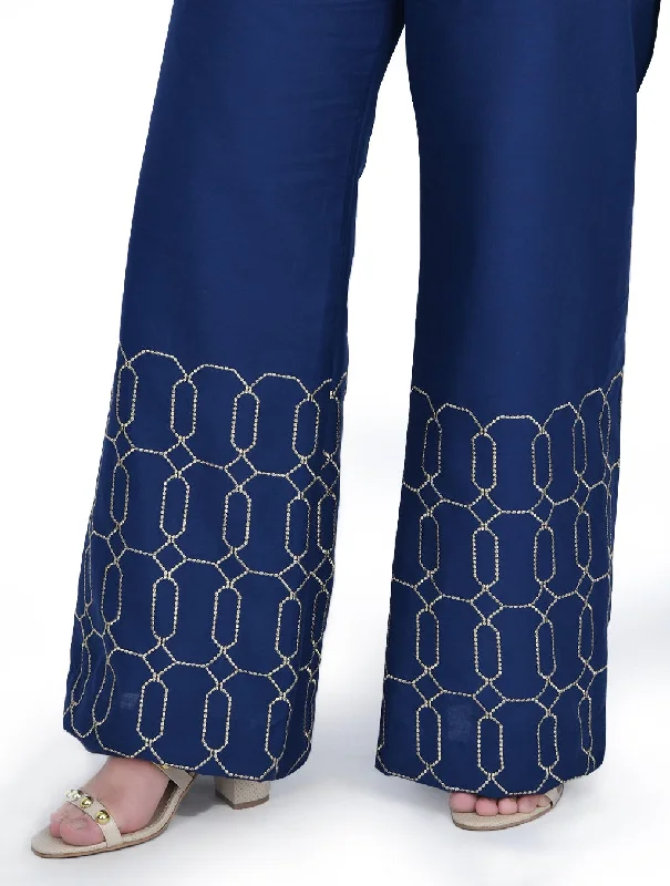 Embroidered Blue Plazo Trouser Trousers chic elegant