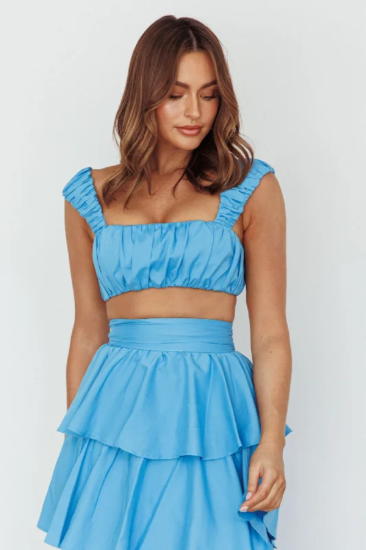 Suenito Gathered Crop Top Blue Notch Collar Peter Pan Collar Cowl Neck