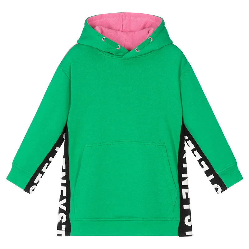 Green Logo Tape Hoodie Dress Hoodie with Exposed Zipper Edgy Industrial