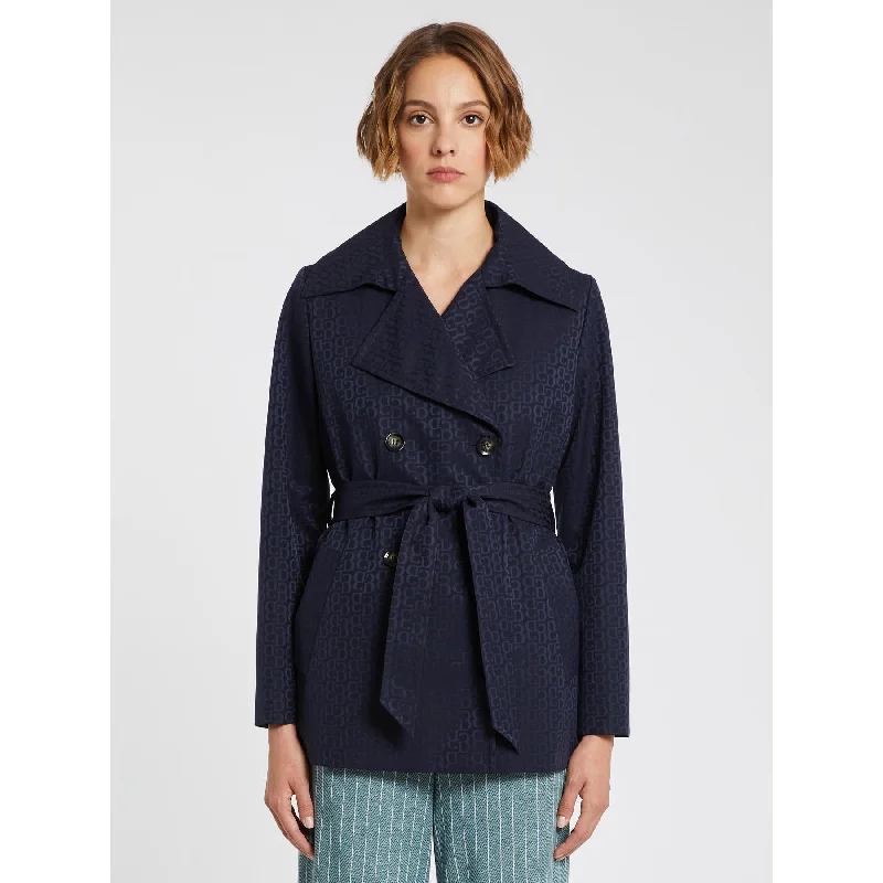 IBLUES Navy Short Trench Coat Cape Coat Herringbone Coat Tweed Coat
