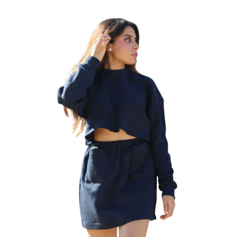 Blue Skirt & Crop Top Set Houndstooth Herringbone Solid